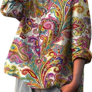 Boho Floral Graphic Linen Colorful Paisley Print Shirt (Large)